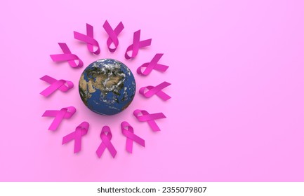 ribbon pink bow earth planet world global copy space symbol decoration ornament breast cancer awareness health care woman lady female girl people support hope help campaign charity survivor.3d render - Powered by Shutterstock