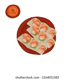 Rice Paper Shrimp Wraps. Vietnamese Rice Paper Wrapper Over The Vegetables And Shrimp With Peanut And Chilli Sauce. Isolated Spring Roll On White Background. Hand Drawing Illustration