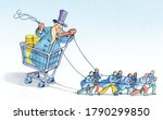 rich banker sitting in a supermarket trolley whips a row of workers to tow him political satire pencil illustration