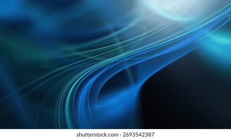 Rich fluid patterns create a vibrant scene with blue and green tones, evoking motion and depth in an abstract setting.