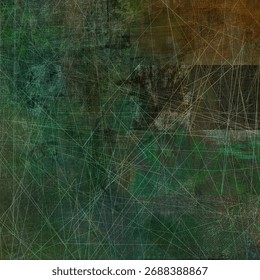 Rich green abstract with layered rectangular overlays and fine grids. The surface resembles cultivated farmland or digital cartography, producing depth, structure, and an organic yet