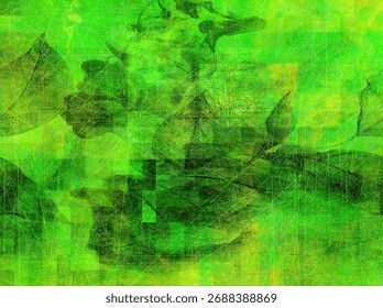 Rich green abstract with layered rectangular overlays and fine grids. The surface resembles cultivated farmland or digital cartography, producing depth, structure, and an organic yet