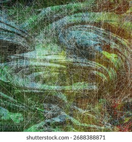 Rich green abstract with layered rectangular overlays and fine grids. The surface resembles cultivated farmland or digital cartography, producing depth, structure, and an organic yet