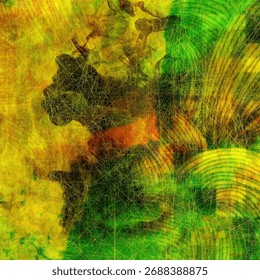 Rich green abstract with layered rectangular overlays and fine grids. The surface resembles cultivated farmland or digital cartography, producing depth, structure, and an organic yet