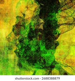 Rich green abstract with layered rectangular overlays and fine grids. The surface resembles cultivated farmland or digital cartography, producing depth, structure, and an organic yet