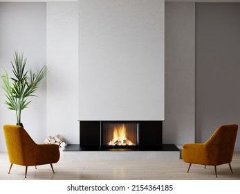 Rich lounge area in a large living room. Bright accent yellow mustard color chairs and a large fireplace. Luxury american style home interior. Plaster stucco white wall. 3d rendering