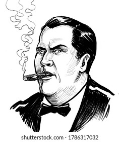 Rich Man With A Mean Face Smoking Cigar. Ink Black And White Drawing