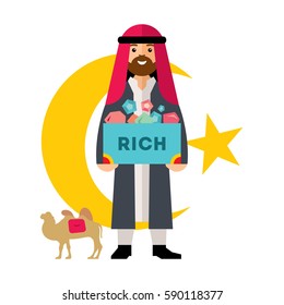 Rich Man From The UAE. Success Arabic Business. Saudi Sheikh. Flat Style Colorful Cartoon Illustration.