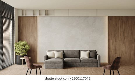 Rich modern living room with  gray sofa and brown chairs. Beige ivory empty wall for gallery or art - texture plaster. Mockup premium interior lounge design - hall or salon hotel, office. 3d render 