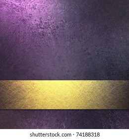 Rich Royal Purple Background With Dark Grunge Texture And Soft Highlight, Bright Gold Ribbon Accent Stripe, Graphic Art Design Layout, And Copy Space