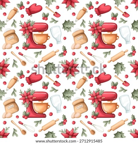 A rich and seamless (repeating) holiday pattern, ideal for the theme of Christmas baking and Santa's bakery. Elements include: a stand mixer, rolling pin, whisk, bag of flour, bottle of milk, eggs.