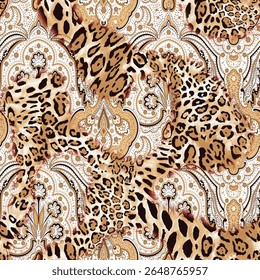 A rich and sophisticated seamless pattern featuring a dynamic fusion of classic leopard animal print textures overlaid and intertwined with intricate, traditional ornamental motifs and stylized floral