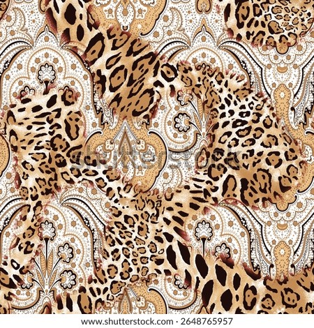 A rich and sophisticated seamless pattern featuring a dynamic fusion of classic leopard animal print textures overlaid and intertwined with intricate, traditional ornamental motifs and stylized floral
