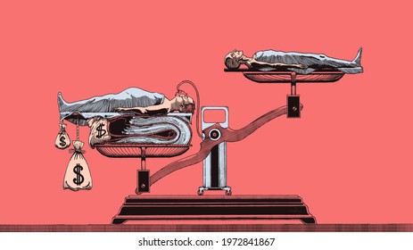 A Rich And Very Poor Patient. Patients Are On The Scales. An Artificial Breathing Apparatus Is Connected To The Rich. CMYK Format. Caricature. 