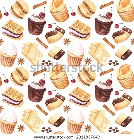 Rich and vibrant seamless pattern with cupcake, cookies, cherries, anise stars, coffee beans and cinnamon sticks. Delicious design for any season, for cafe and goods' decor. Watercolor illustration. 