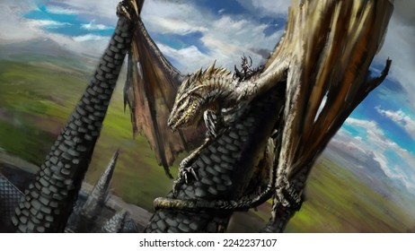The rider girl sits astride golden  green dragon that clings to the roofs the castle towers  mountains   green fields are visible behind  The power digital drawing  2D illustration