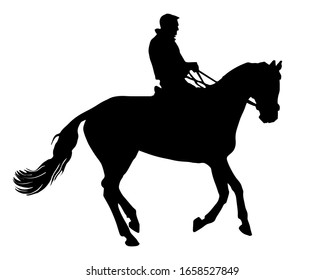  rider on a horse galloping at a reduced gallop, black isolated silhouette on a white background