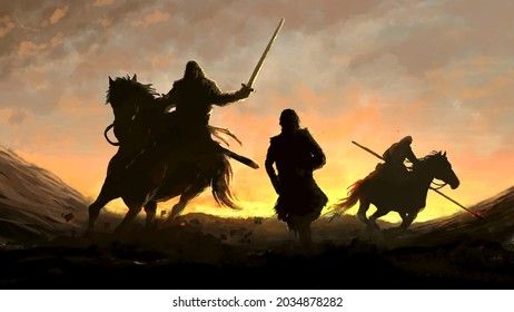 Riders with a spear and a sword pursue a warrior fleeing from them. In the background sunset, hills and steppe. 2D illustration.