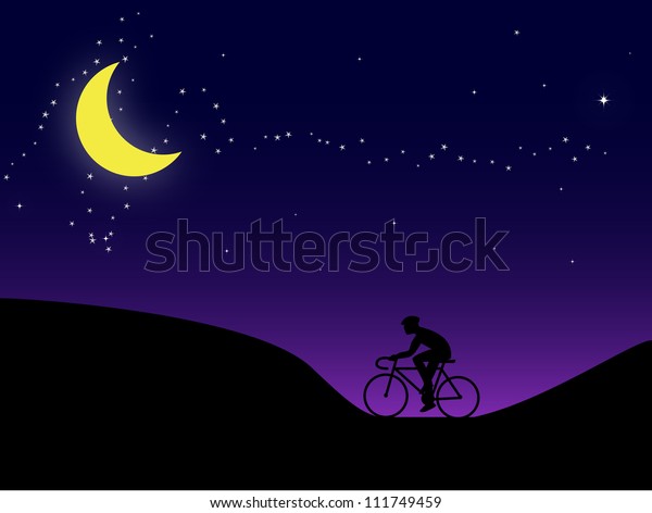 riding a bike\
and night sky with stars and\
moon