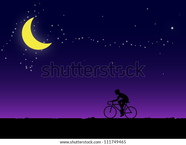 riding a bike\
and night sky with stars and\
moon