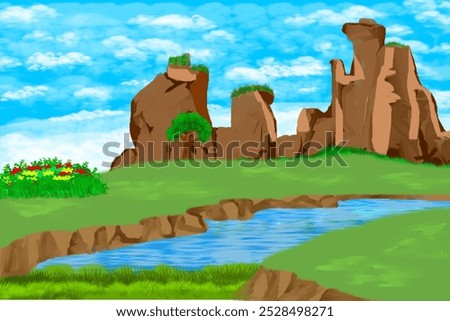 Rier Side Sky And Tree 2d Cartoon Background
