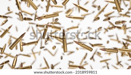 A lot of rifle bullets floating at zero gravity over white background. 3D rendering. 3D Illustration