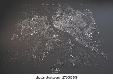 Riga, Latvia, Satellite Map View, Map In Negative, 3d Roads And Buildings