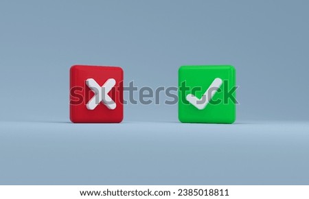 Right check and Wrong mark. YES and NO button for vote, decision on blue background. 3D rendering.