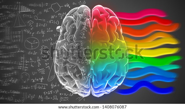 Right and left hemisphere of brain with\
mathematical formulas and colorful stripes. Creative and logical\
halves of human\
mind.