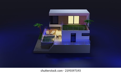 Right side view of summer house, 3d rendering of modern cozy summer house with pool and little garden
