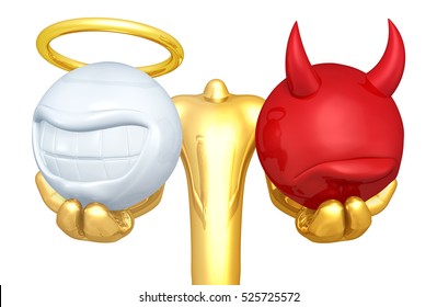 Right Or Wrong Choice Holding Smiling Angel And Frowning Devil Head 3D Illustration