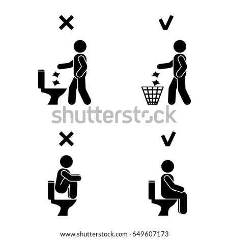 Right and wrong man people position in closet. Posture stick figure. Posing person icon symbol sign pictogram in toilet