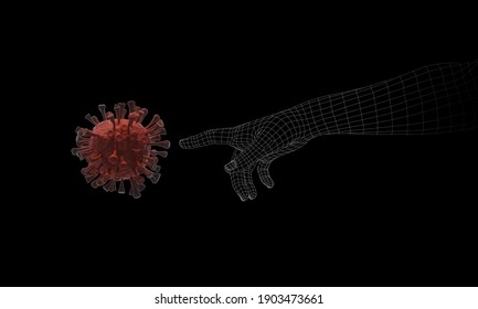 The Right-hand Index Finger Touches The Coronavirus. Wireframe Hand. Wireframe Virus. The Right Hand Of God. The Creation Of Adam. Michelangelo. 3d Rendering. 3d Illustration