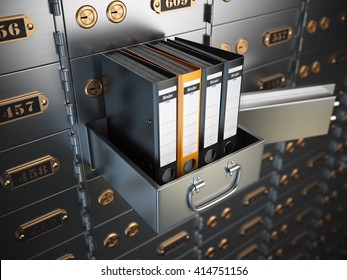 Ring Binders On A Safe Deposit Box. Confidential Information Concept. 3d Illustration