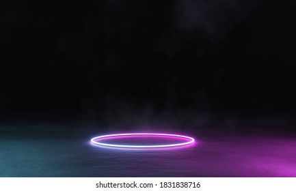 Ring Shaped Neon Light On Floor In The Dark Background. 3D Illustration.