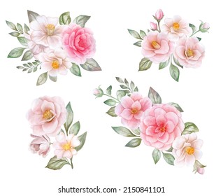 Ring, Wreath, Frame Of Pink, White Flowers With Leaves, Camellia, Roses Floral Frame, Vignette Isolated On White Background. Bouquet Of Flower Composition. Templates. Watercolor. Illustration. 