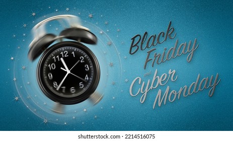 Ringing Alarm Clock With Black Friday And Cyber Monday Text Isolated On Blue Sparkle Background With Stars, Ticket Gift Card Or Advertising Banner, Time For Sale, Shopping And Saving. Flyer Template