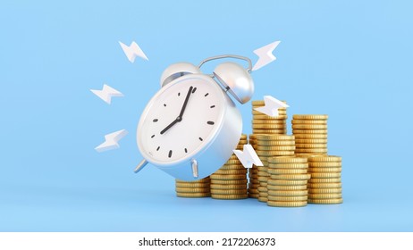 Ringing Alarm Clock With Stack Of Coin, Money Saving, Dead Line Or Tax Time Reminder Concept, 3D Rendering.