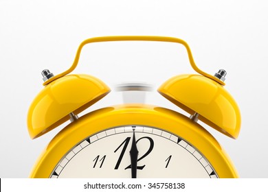 Ringing alarm clock. Yellow table shelf vintage clock on white background. Deadline, wake up, time is up, act fast, sale reminder, hot prices concept.