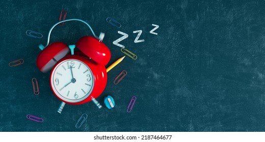 Ringing Red Alarm Clock On Black Chalkboard Background. School Beginning Concept 3D Rendering, 3D Illustration