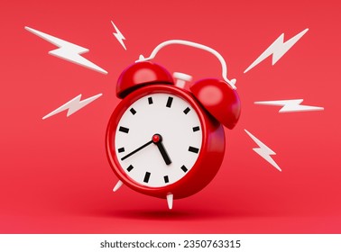 Ringing red alarm clock on red background. 3d rendering of a clock sounding loud alarm