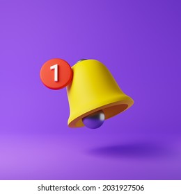 Ringing yellow bell icon with notification sign isolated over purple background. 3D rendering.