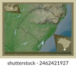 Rio Grande do Sul, state of Brazil. Elevation map colored in wiki style with lakes and rivers. Locations of major cities of the region. Corner auxiliary location maps