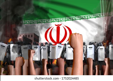 riot fighting concept - protest in Iran on flag background, police guards stand against the protesting crowd -  military 3D Illustration