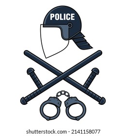 Riot Police Gear - Helmet, Handcuffs And Rubber Baton. Tools Of Violence.