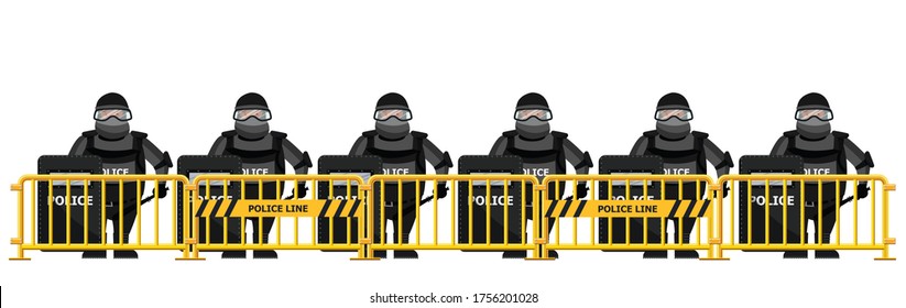 Riot police standing behind crowd control barrier isolated on white background 