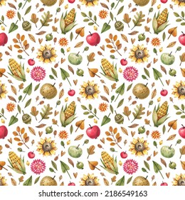 Ripe fruits and vegetables, sunflowers, autumn leaves watercolor seamless pattern. Corn, apples, pears, asters, sunflowers, acorns and autumn leaves natural background. 