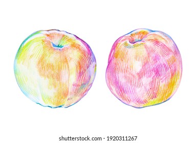 Ripe Juicy Apple. Colored Pencil Drawing.  Realistic Image. Hand-drawn. Typography, Textiles Pillows, Dresses, Curtains, Notepads, Designer Paper. 