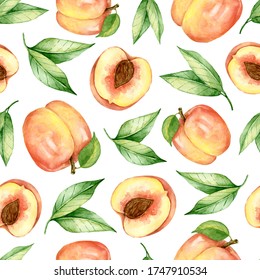 Ripe Juicy Peach Fruit With Slices Seamless Pattern. Hand Drawn Watercolor Fruit Wallpaper. Peach, Green Leaves.