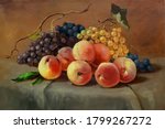 ripe juicy peaches and grapes on the table,handmade painting, oil painting on canvas, fine art, still life, food, vegetarian, dessert, fruit